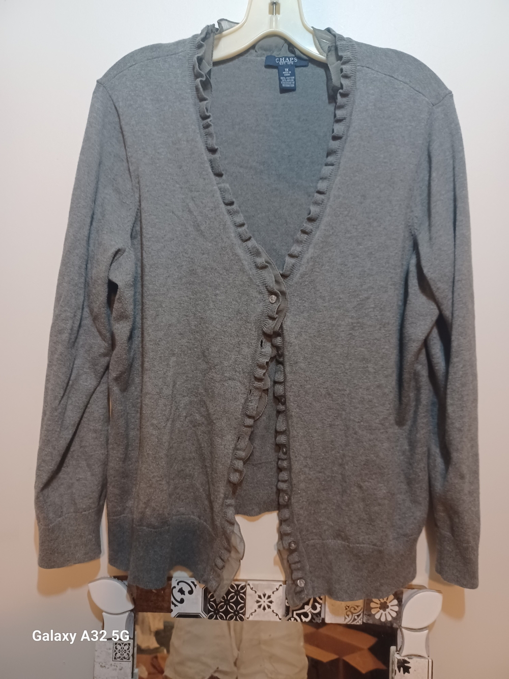 Chaps Women's Gray Ruffle-Trim Cardigan Sweater
